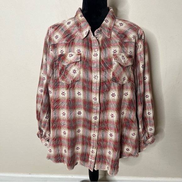 ivy jane Tops - Ivy Jane Brown Burgundy Plaid Southwestern Balloon Sleeve Pearl Snap Shirt Sz L